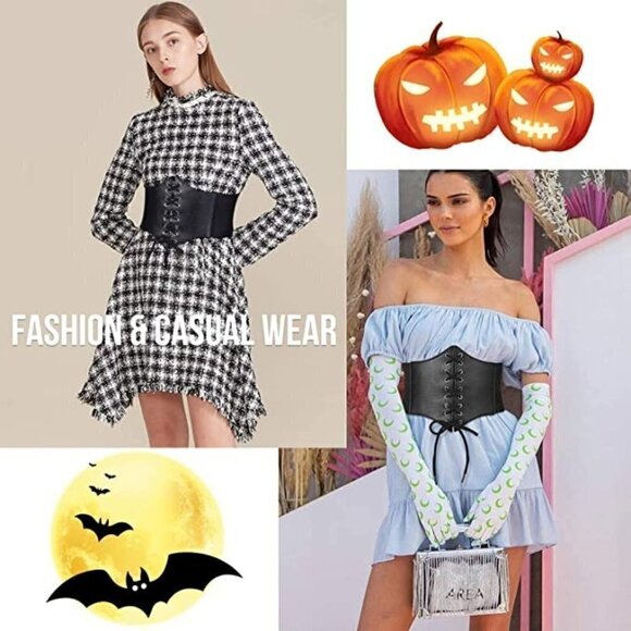 BLACK Leather Elastic Wide Stretch Belt Corset Top Halloween Cosplay Costume NWT - Picture 8 of 11